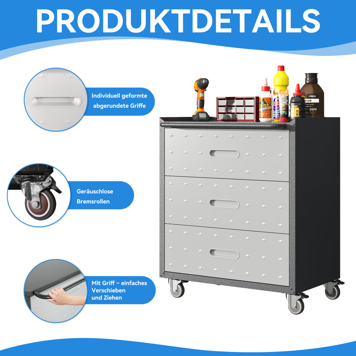 Werkzeugschrank Metall rollbar 3 XXL-Schubladen 75x42x88cm Werkstattwagen Schwarz/Grau 90kg Traglast Garage & Büro Schnellmontage