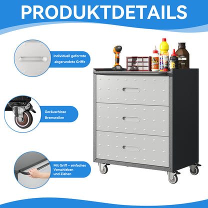Werkzeugschrank Metall rollbar 3 XXL-Schubladen 75x42x88cm Werkstattwagen Schwarz/Grau 90kg Traglast Garage & Büro Schnellmontage