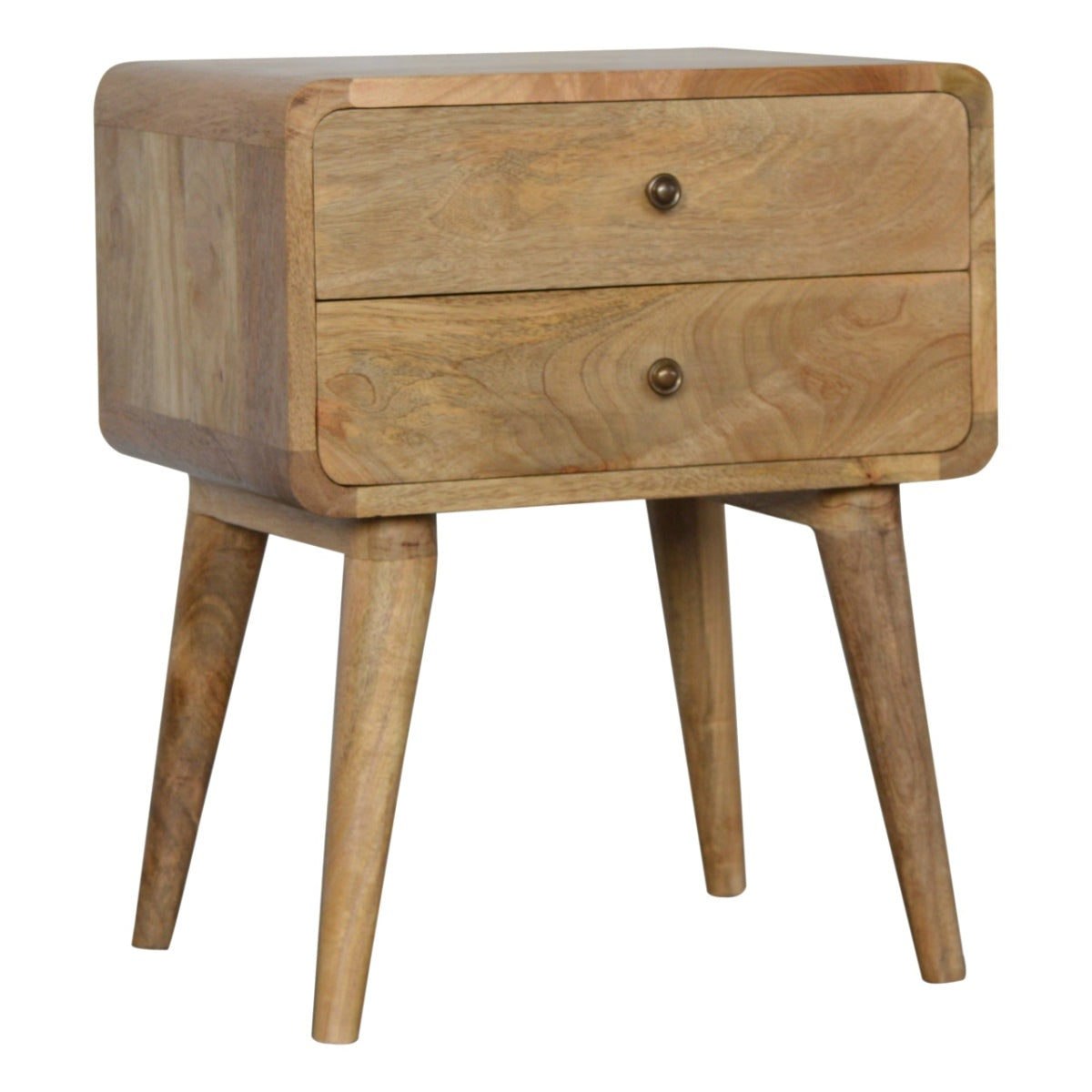 Nachttisch aus massivem Mangoholz – Oak-ish Finish, Curved Design, 2 Schubladen, Handgefertigt, Skandinavischer Stil, 45x35x55 cm