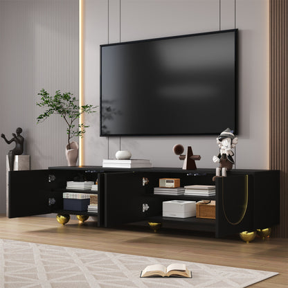 TV-Schrank, lowboard mit strukturierten Türen, goldenen Verzierungen, goldenen runden Beinen, inklusive Einlegeböden, push-to-open