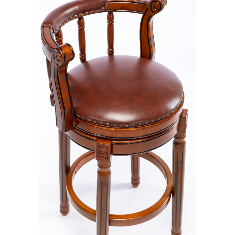 Barhocker aus Holz mit Kuhfell-Obermaterial, 360-Grad-Drehstuhl mit Rückenlehne, Brau + Sitzhöhe 65cm