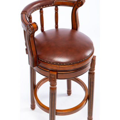 Barhocker aus Holz mit Kuhfell-Obermaterial, 360-Grad-Drehstuhl mit Rückenlehne, Brau + Sitzhöhe 65cm