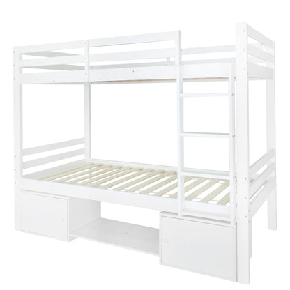 Etagenbett für Kinder, Kinderbett mit Schuhregale und Schließfächer, Bett aufgeteilt in 2 Einzelbetten, Jugendbett, Einzelbett, Weiß, 90x200cm.