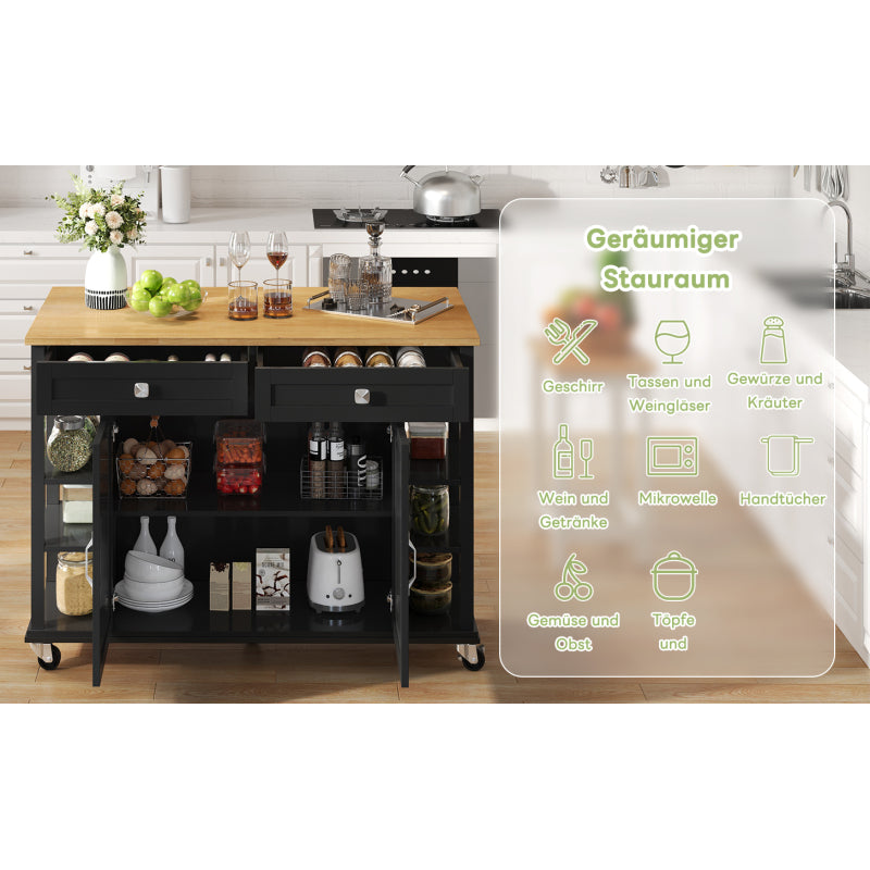 Multifunktionaler Küchenwagen mit klappbarer Arbeitsplatte, 120×65 cm erweiterbar, 2 Schubladen, geräumige Aufbewahrung, auf Rollen – Stilvoller Servierwagen für Küche, Esszimmer & Wohnzimmer