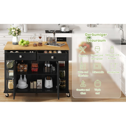 Multifunktionaler Küchenwagen mit klappbarer Arbeitsplatte, 120×65 cm erweiterbar, 2 Schubladen, geräumige Aufbewahrung, auf Rollen – Stilvoller Servierwagen für Küche, Esszimmer & Wohnzimmer