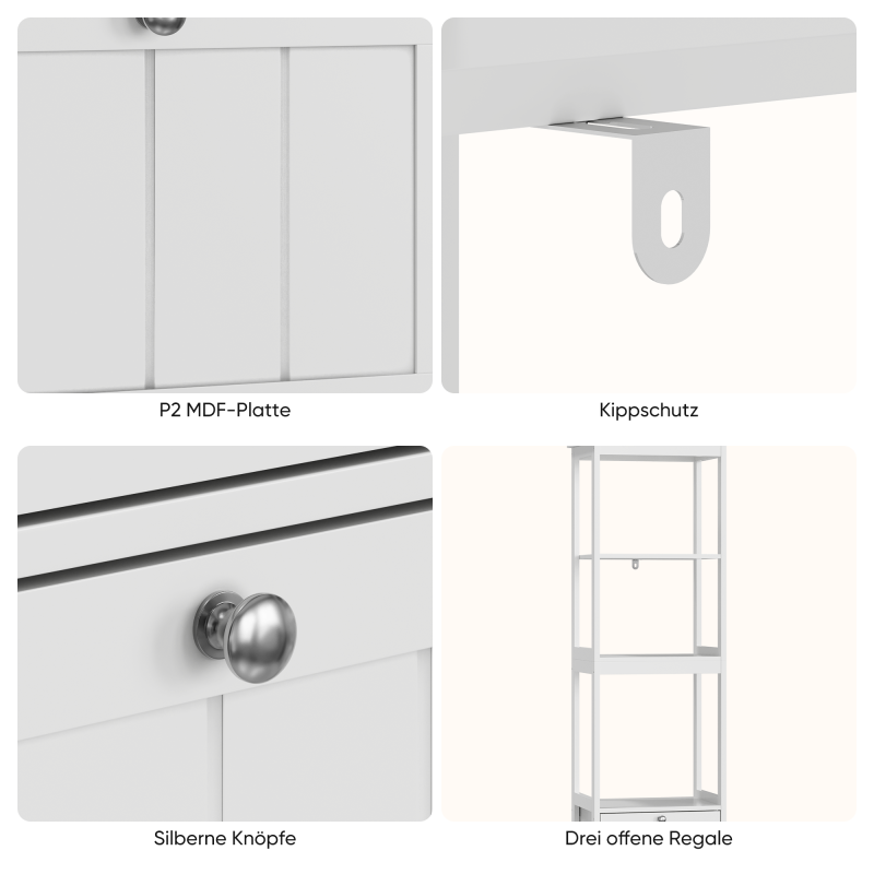 Schmaler Hochschrank, Badezimmerschrank mit 2 Schubladen und 3 Einlegeböden, 40Lx30Bx160Hcm, Weiß