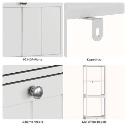 Schmaler Hochschrank, Badezimmerschrank mit 2 Schubladen und 3 Einlegeböden, 40Lx30Bx160Hcm, Weiß
