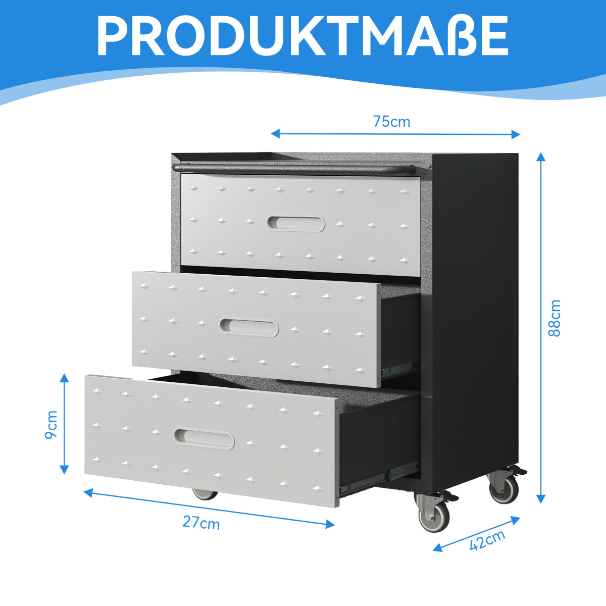 Werkzeugschrank Metall rollbar 3 XXL-Schubladen 75x42x88cm Werkstattwagen Schwarz/Grau 90kg Traglast Garage & Büro Schnellmontage