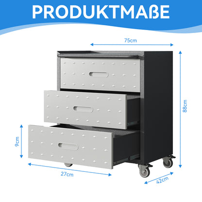 Werkzeugschrank Metall rollbar 3 XXL-Schubladen 75x42x88cm Werkstattwagen Schwarz/Grau 90kg Traglast Garage & Büro Schnellmontage