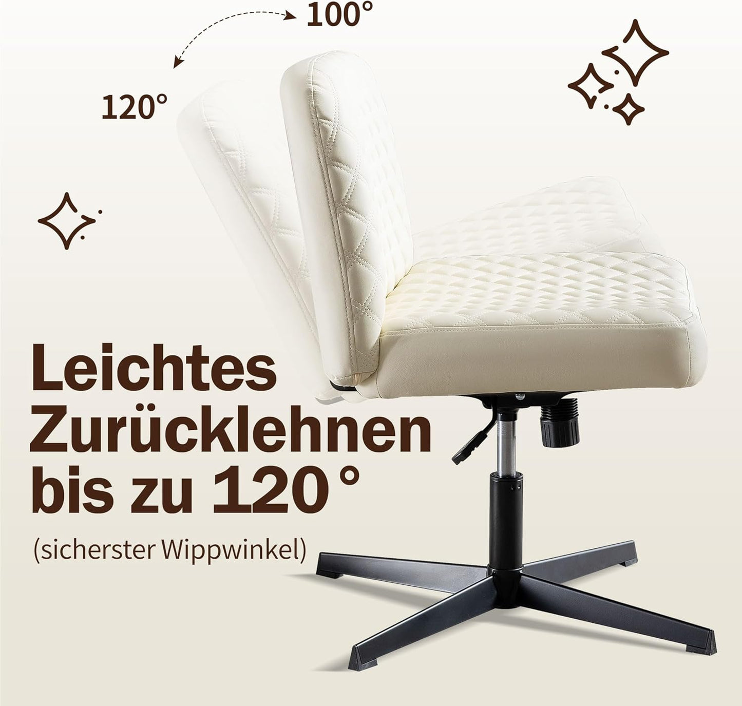 Bürostuhl Ohne Armlehnen,Home Office Stuhl Keine Räder,Heavy Duty Metallbasis,120°Schaukelnder breiter Sitz Ergonomischer Stuhl, Dicken gepolsterte Dreh Eitelkeit Stuhl für Heim und Büro Beige+PU+Metal