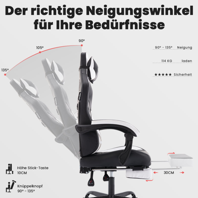Gaming Stuhl, Ergonomischer Gaming-Stuhl mit Fußstütze, Racing Gaming Chair Kopfstütze Verstellbarer Computerstuhl Höhenverstellbar Lendenwirbelstütze für Homeoffice und Gaming Schwarz