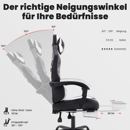 Gaming Stuhl, Ergonomischer Gaming-Stuhl mit Fußstütze, Racing Gaming Chair Kopfstütze Verstellbarer Computerstuhl Höhenverstellbar Lendenwirbelstütze für Homeoffice und Gaming Schwarz