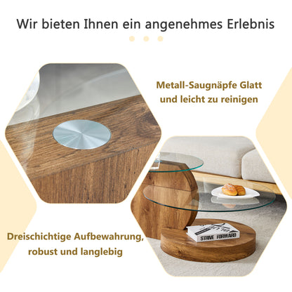Moderner minimalistischer gehärteter Glas-Couchtisch, mehrschichtiges Design, mit natürlichen Holz-Textur-Aufklebern