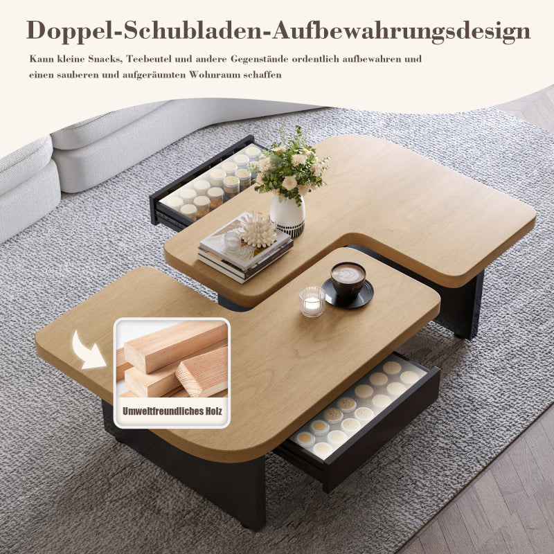 Moderner Couchtisch mit LED-Design aus umweltfreundlichem Holz, 2-in-1-Design, weiche Rundungen, höhenverstellbare Füße
