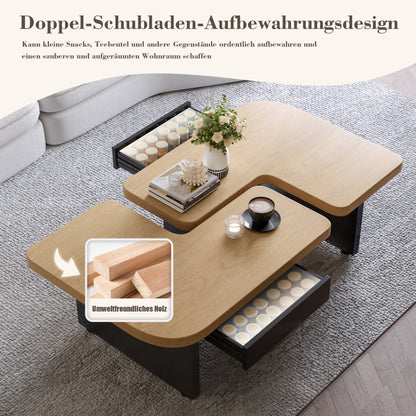 Moderner Couchtisch mit LED-Design aus umweltfreundlichem Holz, 2-in-1-Design, weiche Rundungen, höhenverstellbare Füße