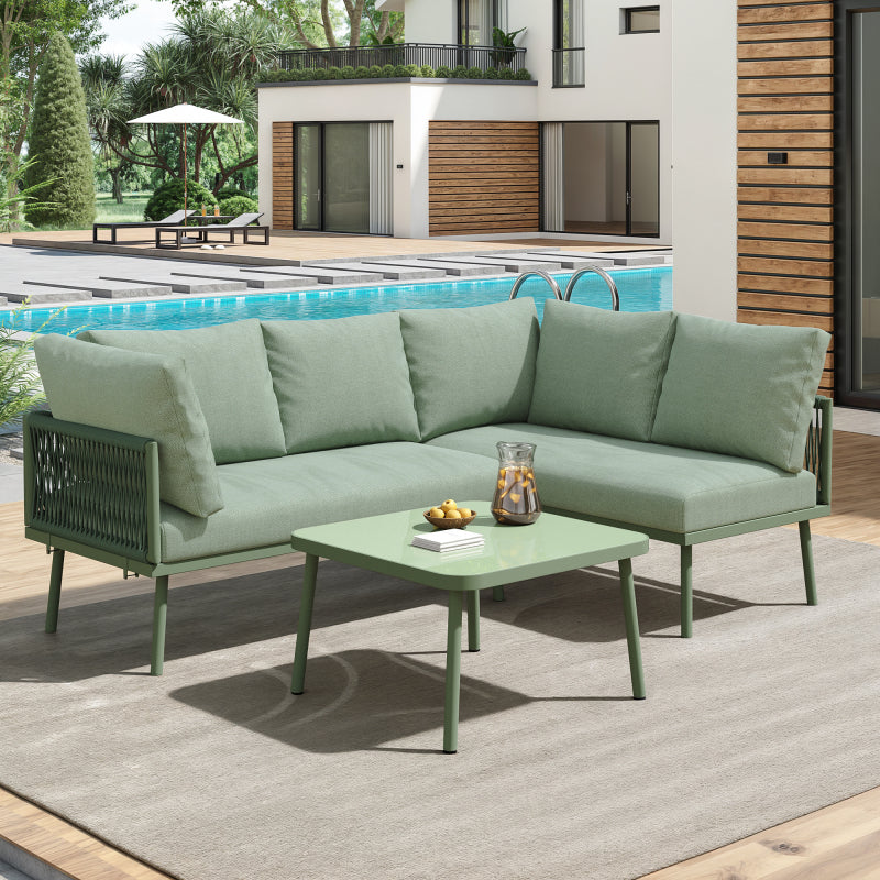 Garten-Lounge-Set aus Eisen, Gartenmöbel-Set aus grauem Seil, L-förmiges Gartenmöbel-Set, Lounge-Set aus grauem Seil mit Sitzkissen, verstellbaren Füßen, 2 Sofas und 1 Tisch