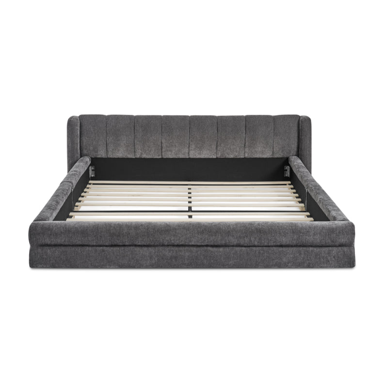 Doppelbett 140×200 cm, Chenille Stoff, komfortable Rückenlehne, robustes Eukalyptus und Eisengestell, einfach zu montieren, Dark Gray (ohne Matratze)