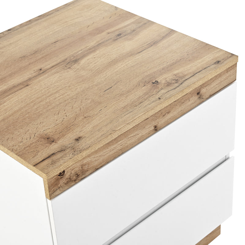 Nachttisch, Nachtschrank mit zwei Schubladen, Nachtkommode, Funktion von Aufbewahrung, für Schlafzimmer, E1-Spanplatte, weiß+oak