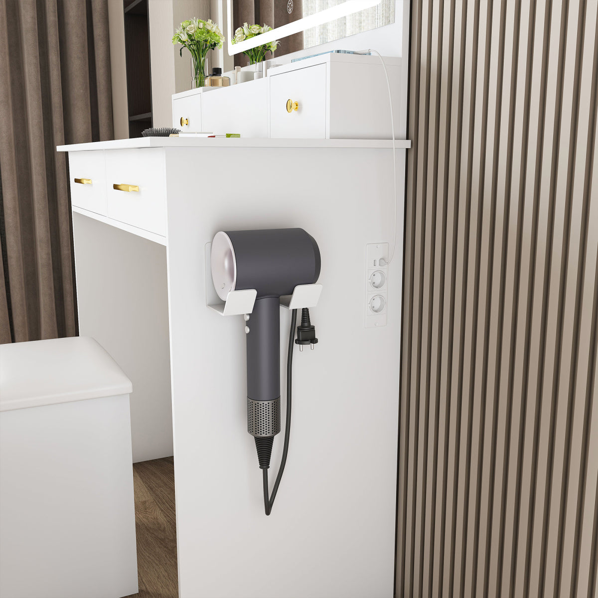 Schminktisch XXL Spiegel (75x48 cm) LED, Steckdose, 4 Schubladen, inkl. Hocker