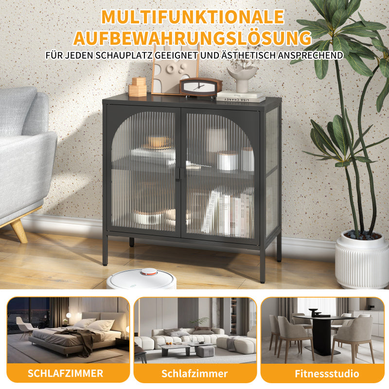 Metallseitenbrett-Schrank, Akzent-Speicherschrank mit 2 Glasklappen, Moderner Kaffebar-Schrank mit Einstellbaren Regalen für Küche, Wohnzimmer und Flur, eisenhaltig, H80cm×B80cm×T35cm