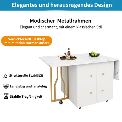 Tragbarer Esstisch, klappbare Tischplatte, marmorierte Tischplatte, geeignet für Esszimmer, Wohnzimmer, verstellbare Trennwände, große Ablagefächer, 6 Rollen (2 feststellbar), goldene Tischbeine