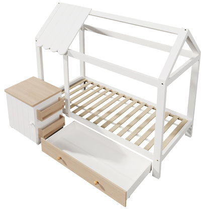 Hausbett Kinderbett 90x200 cm aus Massivholz mit Schubladen & abnehmbarem Nachttisch - Bodenbett in Weiß und Eichenweiß, ohne Matratze