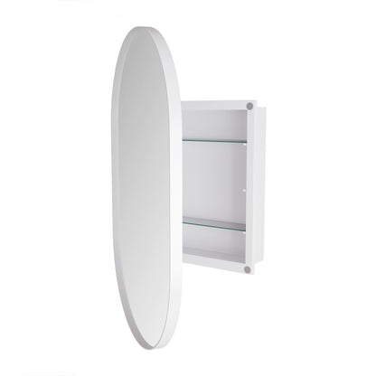 Stylish Oval Mirror Cabinet, Recessed Medicine Cabinet, Wall Cabinet with Metal Framed, Mirror and Adjustable Shelves, Mirror Cabinet with Storage for Bathroom, Living Room and Bedroom, White