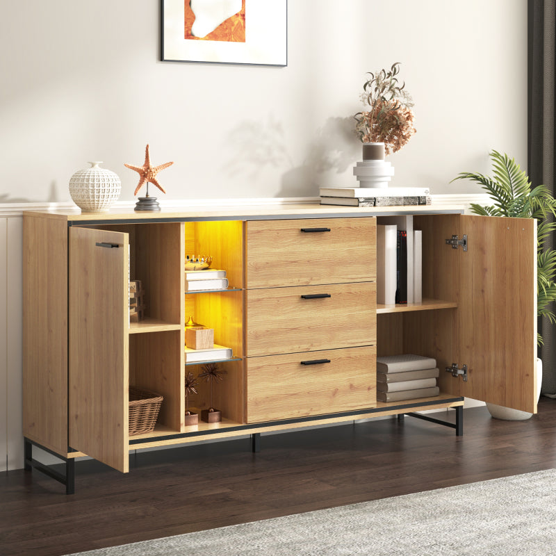 Sideboard mit drei Schubladen, exquisite Maserung. Modernes Sideboard in Holzfarbe mit Ablagefächern – stilvolle und funktionale Wohnmöbel. Schwarz und Holzfarbe.
