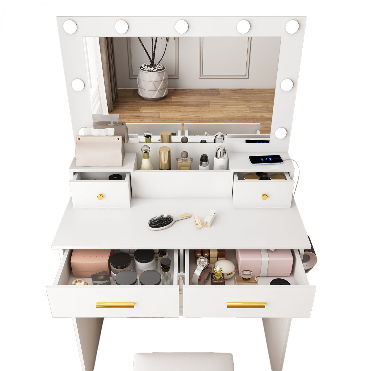Schminktisch LED, 3 Stufen, Steckdose, 4 Schubladen, inkl. Hocker, Weiß