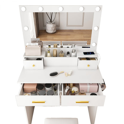 Schminktisch LED, 3 Stufen, Steckdose, 4 Schubladen, inkl. Hocker, Weiß