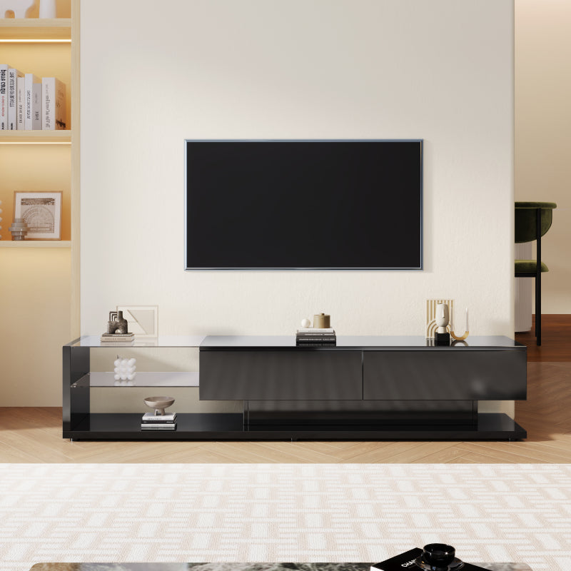 TV-Schränke, Lowboards, Hochglanz-Wohnzimmermöbel. Glastrennwände und variable LED-Beleuchtung. Es verbindet natürlichen, rustikalen Stil mit modernem Design.