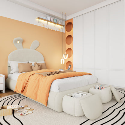 Polsterbett, Einzelbett, Hasenohren mit einstellbarer Helligkeit warmfarbenen Lichtstreifen, mit zwei Aufbewahrungshockern, Kinderbett mit Holzlatten, Samt, Beige, 90x200cm