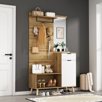 Multifunktionales Garderobenset aus Holz mit Spiegel, Schuhbank, Schuhschrank, Schublade, Regal und Kleiderhaken – Modernes Design mit hydraulischen Scharnieren und praktischem Stauraum