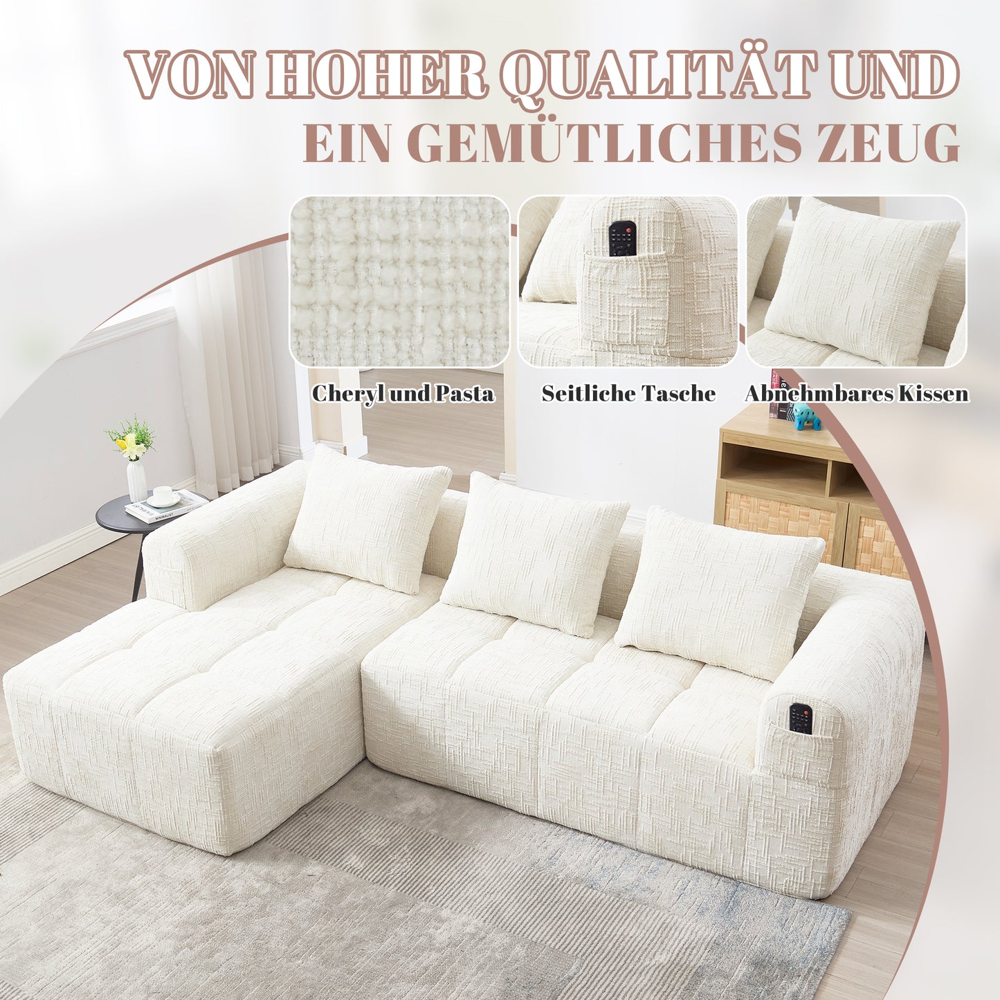 Modernes Sektionssofa, L-Sofa, 3-Sitzer-Sofa, keine Installation erforderlich, Chenille-Sofa mit Chaiselongue und Armlehnen, 3 Kissen, Seitentasche für Fernbedienung, Beige