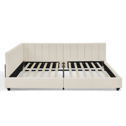 Doppelbett 140×200 cm aus Samt mit hoher Rückenlehne, stabiles Bettgestell aus Holz & Metall, ideal für Schlafzimmer & Gästezimmer, Beige (ohne Matratze)