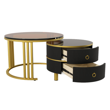 2-in-1 runder MDF-Couchtisch, Beistelltisch mit 1 Hochglanz-Tischplatte und 1 brauner Tischplatte aus gehärtetem Glas, Wohnzimmer-Couchtischkombination mit 2 Schubladen, 70*70*45 + 50*50*40 cm