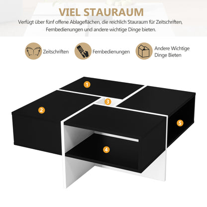 Moderner quadratischer Couchtisch 70x70x35cm - Schwarz-weißes Design, 5 offene Fächer, mittleres Ablagefach 10x10cm, Belastbarkeit 30KG, schwarzer quadratischer Couchtisch