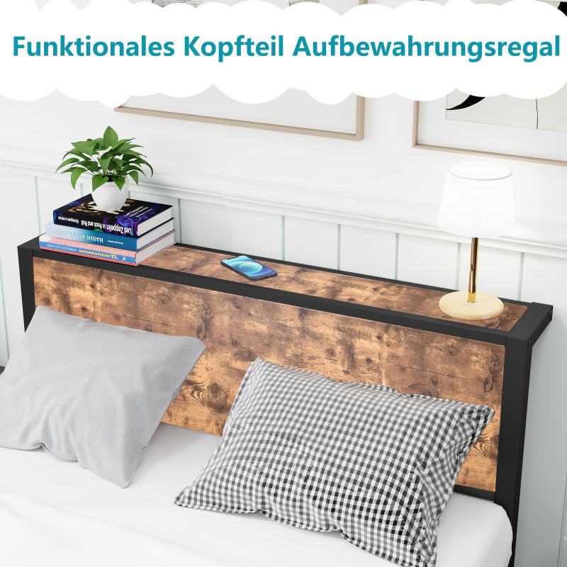 120x200 cm Metallgestell mit Stauraum-Kopfteil, Einzelnes Metall-Plattformbettgestell, Geräuschfrei, Metalluntergestell, Ohne Boxspring Notwendig, Vintage Braun