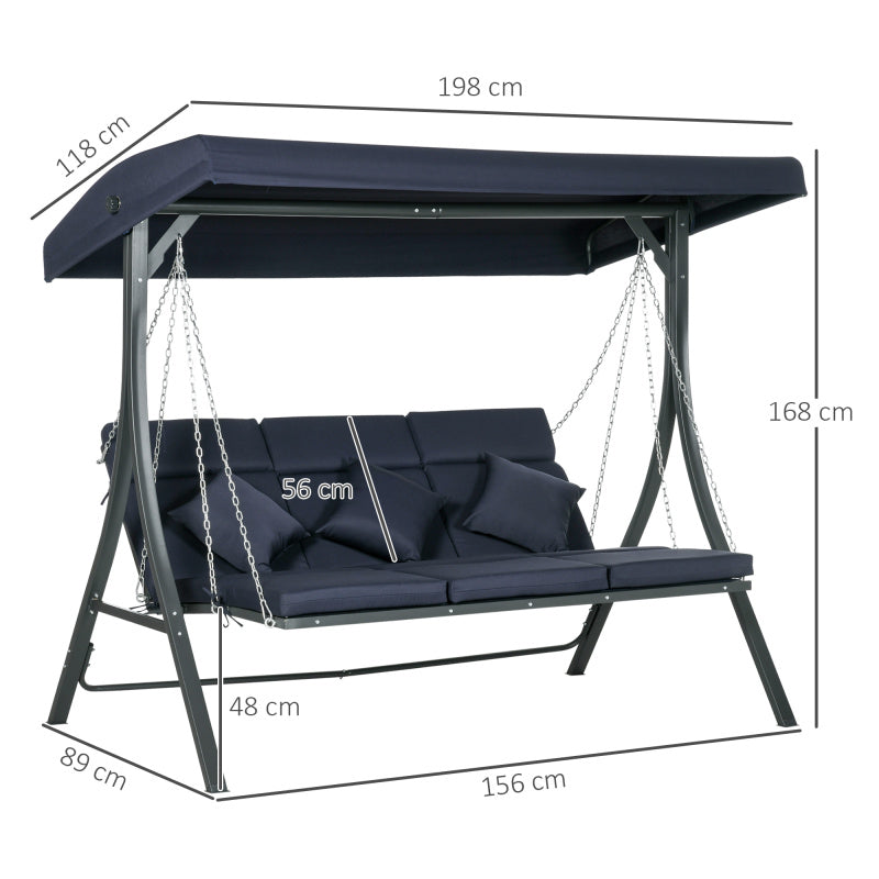 Hollywoodschaukel 3-Sitzer, bis 270 kg belastbar, Schaukelbank mit verstellbarem Sonnendach, Gartenschaukel mit Kissen