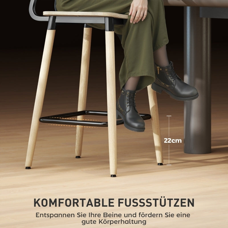 Barhocker 2er Set Barstuhl Tresenhocker mit Rückenlehne und Fußstütze, Küchenstühle mit Stahlbeine, Natur