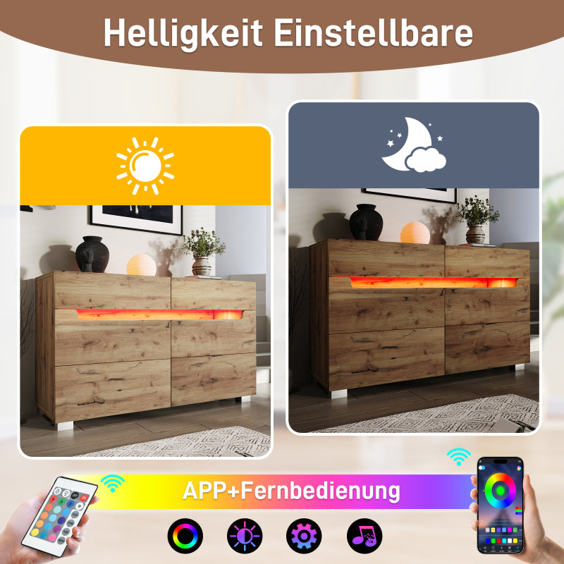 Kommode, Sideboard Holz mit 6 Schubladen, LED Beleuchtung (App Control), Mehrzweckschrank für Wohnzimmer und Schlafzimmer, 71 x 120 x 40 cm, Eiche
