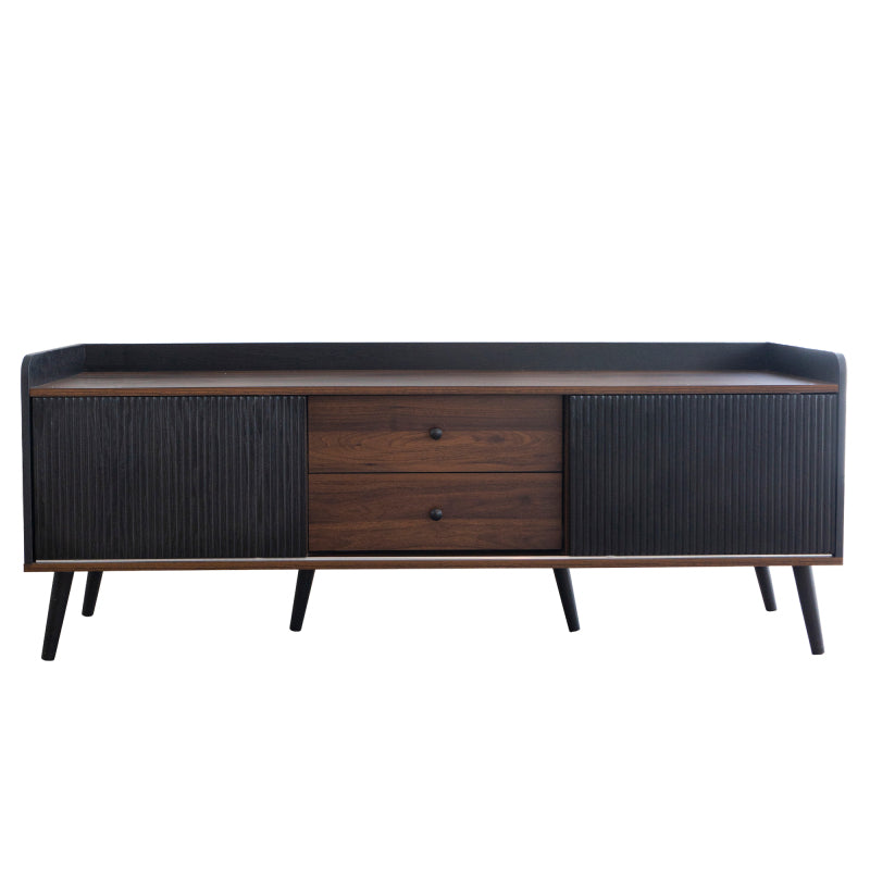 TV-Schrank mit zwei Schubladen, Fernsehtisch TV Board, TV- Lowboard niedrige Platte mit zwei Schiebetüren. Exquisite Textur. Schwarz und natürliches Holzfarbe. H58/L160/T40 cm