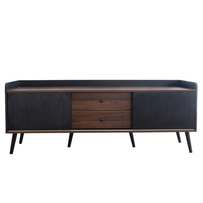 TV-Schrank mit zwei Schubladen, Fernsehtisch TV Board, TV- Lowboard niedrige Platte mit zwei Schiebetüren. Exquisite Textur. Schwarz und natürliches Holzfarbe. H58/L160/T40 cm