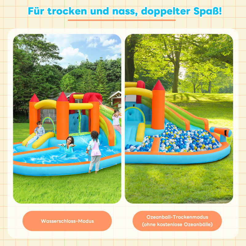 [Multifunktionale Outdoor-Hüpfburg] Mit Gebläse, Wasserrutsche + Trampolin + Basketballkorb + Wasserpistole, 2 Poolbereiche, 1 große und 1 kleine Rutsche, für trockene und nasse Nutzung, ein Wasserpar