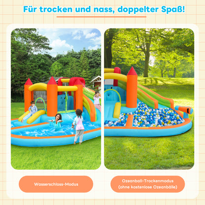 [Multifunktionale Outdoor-Hüpfburg] Mit Gebläse, Wasserrutsche + Trampolin + Basketballkorb + Wasserpistole, 2 Poolbereiche, 1 große und 1 kleine Rutsche, für trockene und nasse Nutzung, ein Wasserpar