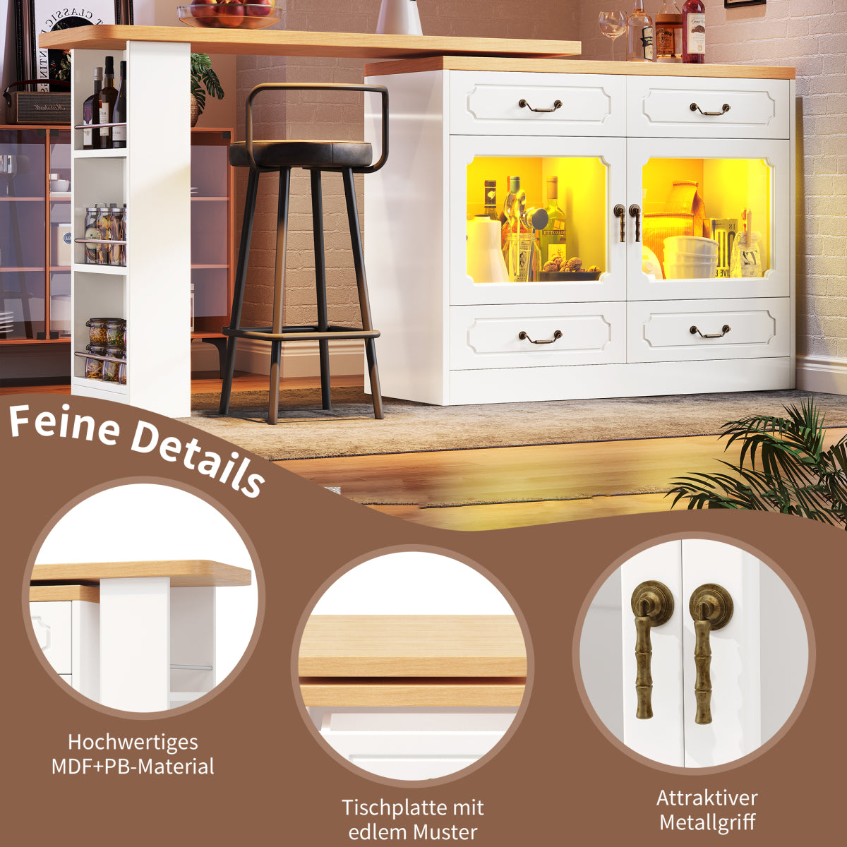 Bartisch ausziehbar 135-203cm, 360° drehbarer Stehtisch mit App-LED-Steuerung & Musik-Modus, Weißer Hochtisch mit 4 Schubladen & Regal