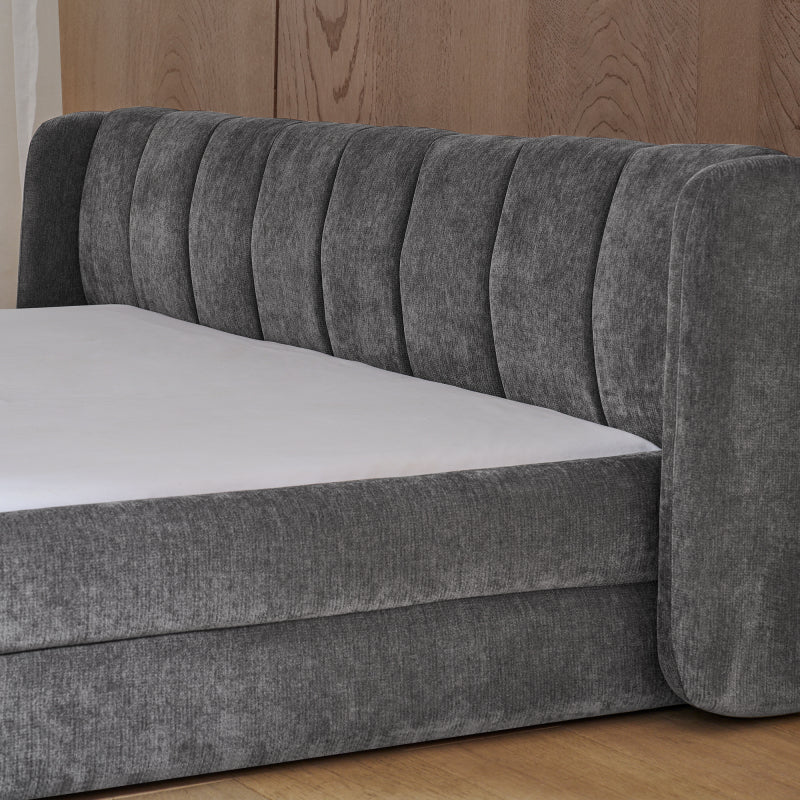 Doppelbett 140×200 cm, Chenille Stoff, komfortable Rückenlehne, robustes Eukalyptus und Eisengestell, einfach zu montieren, Dark Gray (ohne Matratze)