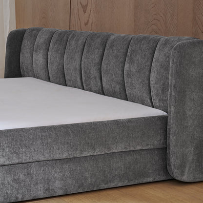Doppelbett 140×200 cm, Chenille Stoff, komfortable Rückenlehne, robustes Eukalyptus und Eisengestell, einfach zu montieren, Dark Gray (ohne Matratze)