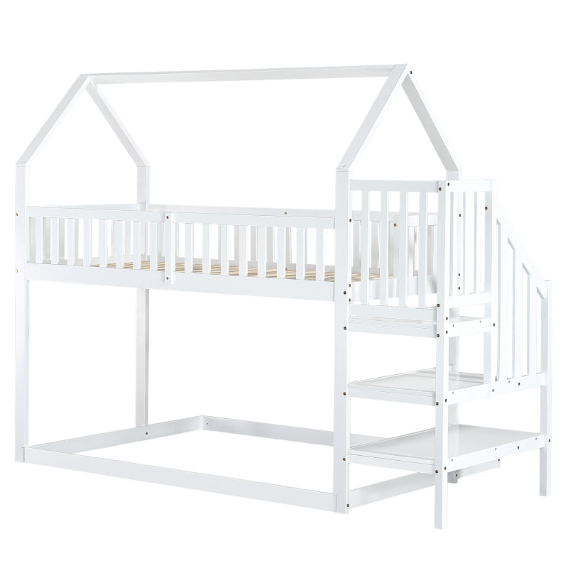 [29994142WAA]Etagenbett, Hausbett mit Treppe, Kinderbett mit Fallschutz und Gitter, Rahmen aus Kiefer, weiß (90x200&140*190cm)
