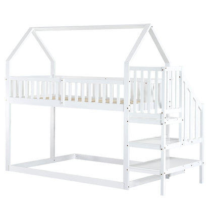 [29994142WAA]Etagenbett, Hausbett mit Treppe, Kinderbett mit Fallschutz und Gitter, Rahmen aus Kiefer, weiß (90x200&140*190cm)